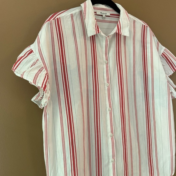 Madewell Button Front Short Cap Flutter Sleeve Top Red White Striped Medium - Picture 10 of 10